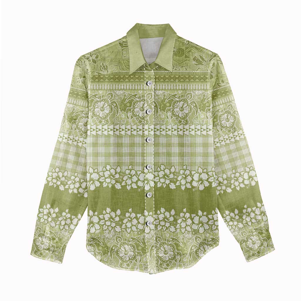Hawaiian Hibiscus Honu Women Casual Shirt Sage Green Mele Kalikimaka Palaka Spirit - Polynesian Pride