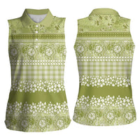 Hawaiian Hibiscus Honu Women Sleeveless Polo Shirt Sage Green Mele Kalikimaka Palaka Spirit - Polynesian Pride