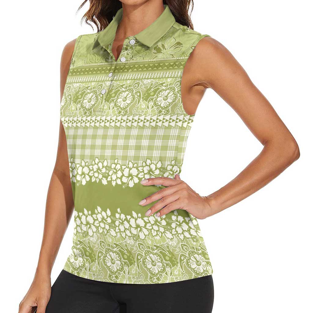 Hawaiian Hibiscus Honu Women Sleeveless Polo Shirt Sage Green Mele Kalikimaka Palaka Spirit - Polynesian Pride
