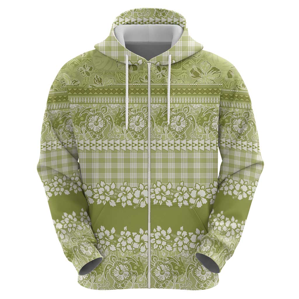 Hawaiian Hibiscus Honu Zip Hoodie Sage Green Mele Kalikimaka Palaka Spirit - Polynesian Pride