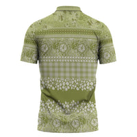 Hawaiian Hibiscus Honu Zipper Polo Shirt Sage Green Mele Kalikimaka Palaka Spirit - Polynesian Pride