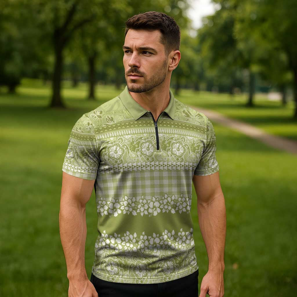 Hawaiian Hibiscus Honu Zipper Polo Shirt Sage Green Mele Kalikimaka Palaka Spirit - Polynesian Pride