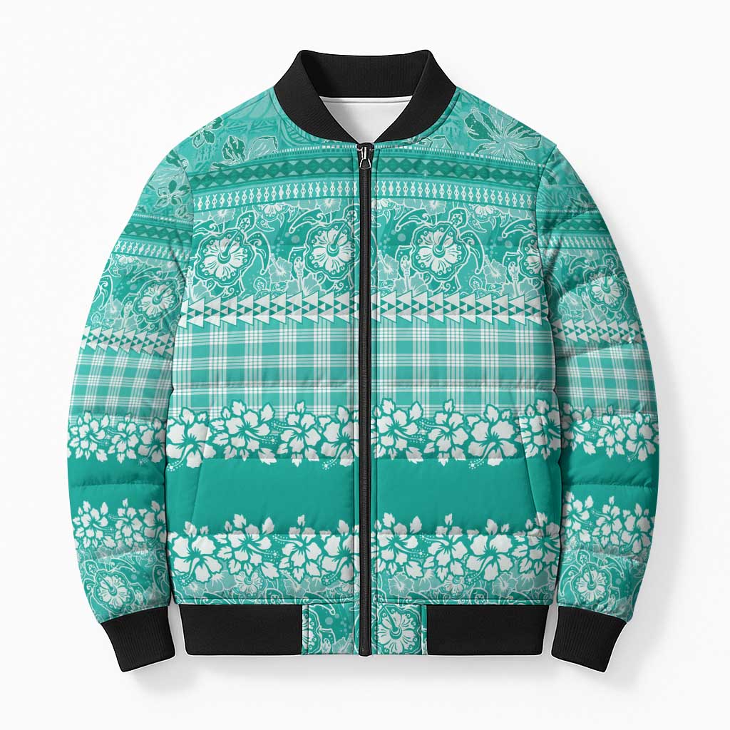 Hawaiian Hibiscus Honu Bomber Puffer Jacket Turquoise Mele Kalikimaka Palaka Spirit - Polynesian Pride