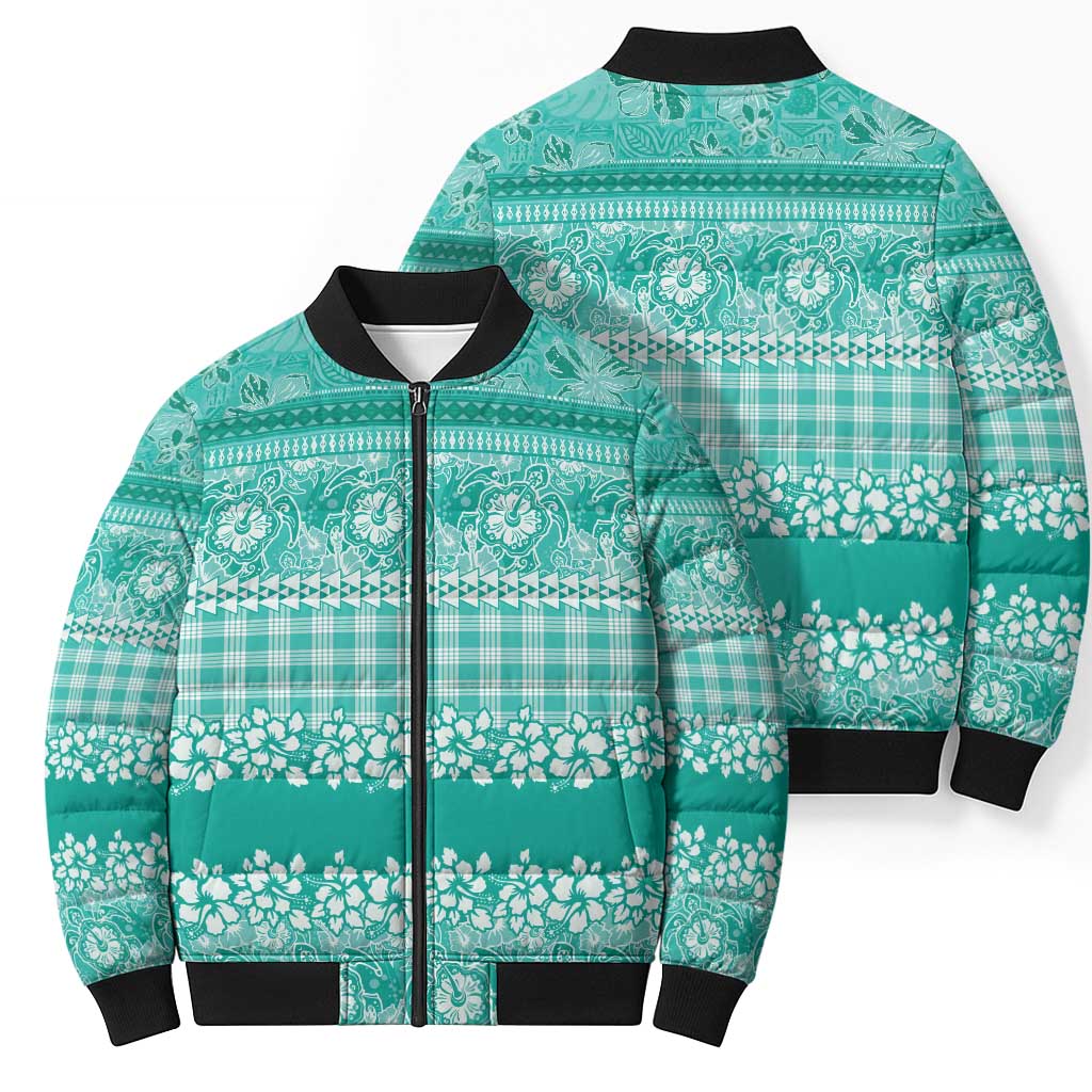Hawaiian Hibiscus Honu Bomber Puffer Jacket Turquoise Mele Kalikimaka Palaka Spirit - Polynesian Pride