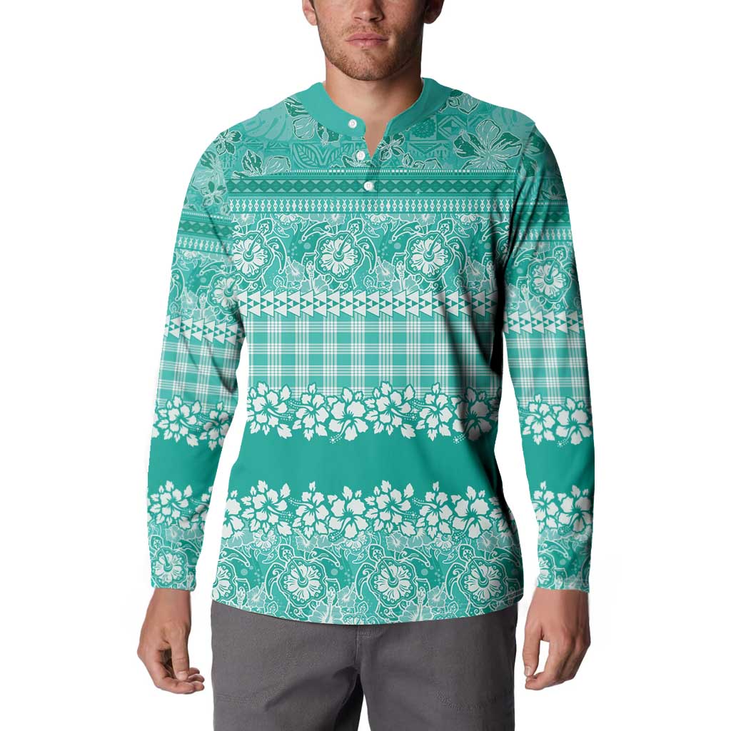 Hawaiian Hibiscus Honu Button Sweatshirt Turquoise Mele Kalikimaka Palaka Spirit - Polynesian Pride