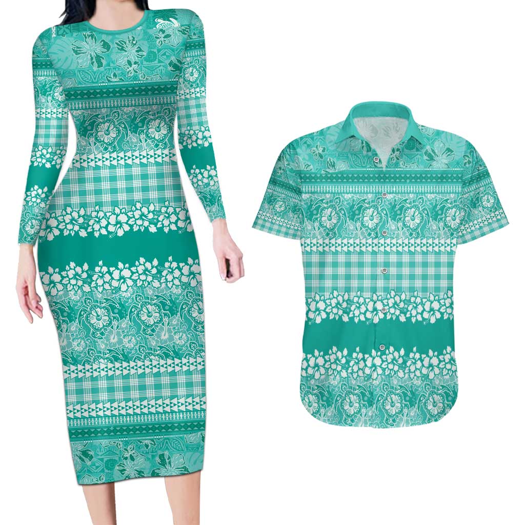 Hawaiian Hibiscus Honu Couples Matching Long Sleeve Bodycon Dress and Hawaiian Shirt Turquoise Mele Kalikimaka Palaka Spirit - Polynesian Pride