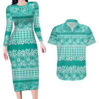 Hawaiian Hibiscus Honu Couples Matching Long Sleeve Bodycon Dress and Hawaiian Shirt Turquoise Mele Kalikimaka Palaka Spirit - Polynesian Pride