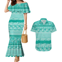 Hawaiian Hibiscus Honu Couples Matching Mermaid Dress and Hawaiian Shirt Turquoise Mele Kalikimaka Palaka Spirit - Polynesian Pride