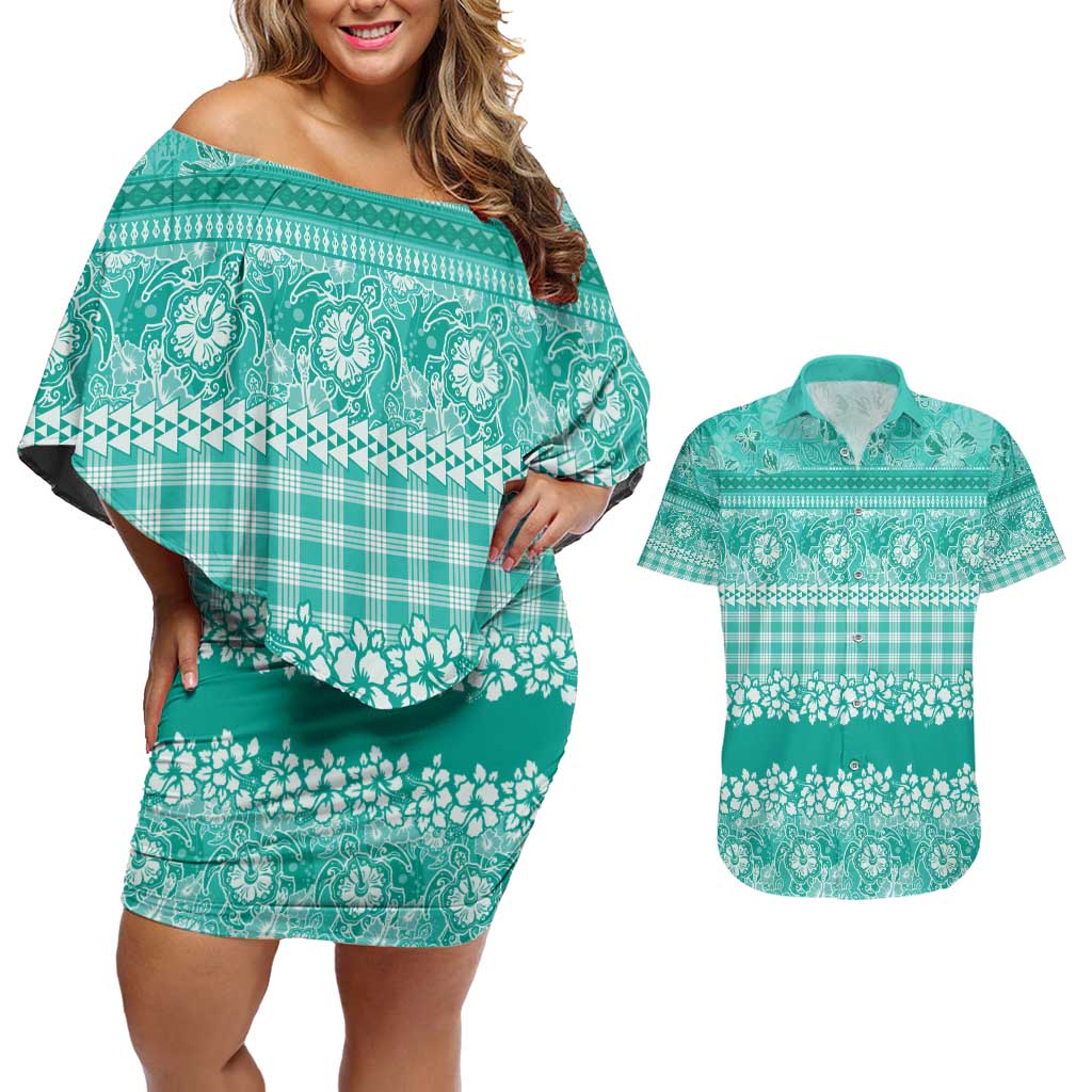 Hawaiian Hibiscus Honu Couples Matching Off Shoulder Short Dress and Hawaiian Shirt Turquoise Mele Kalikimaka Palaka Spirit - Polynesian Pride