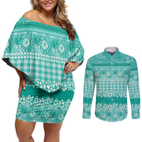 Hawaiian Hibiscus Honu Couples Matching Off Shoulder Short Dress and Long Sleeve Button Shirt Turquoise Mele Kalikimaka Palaka Spirit - Polynesian Pride