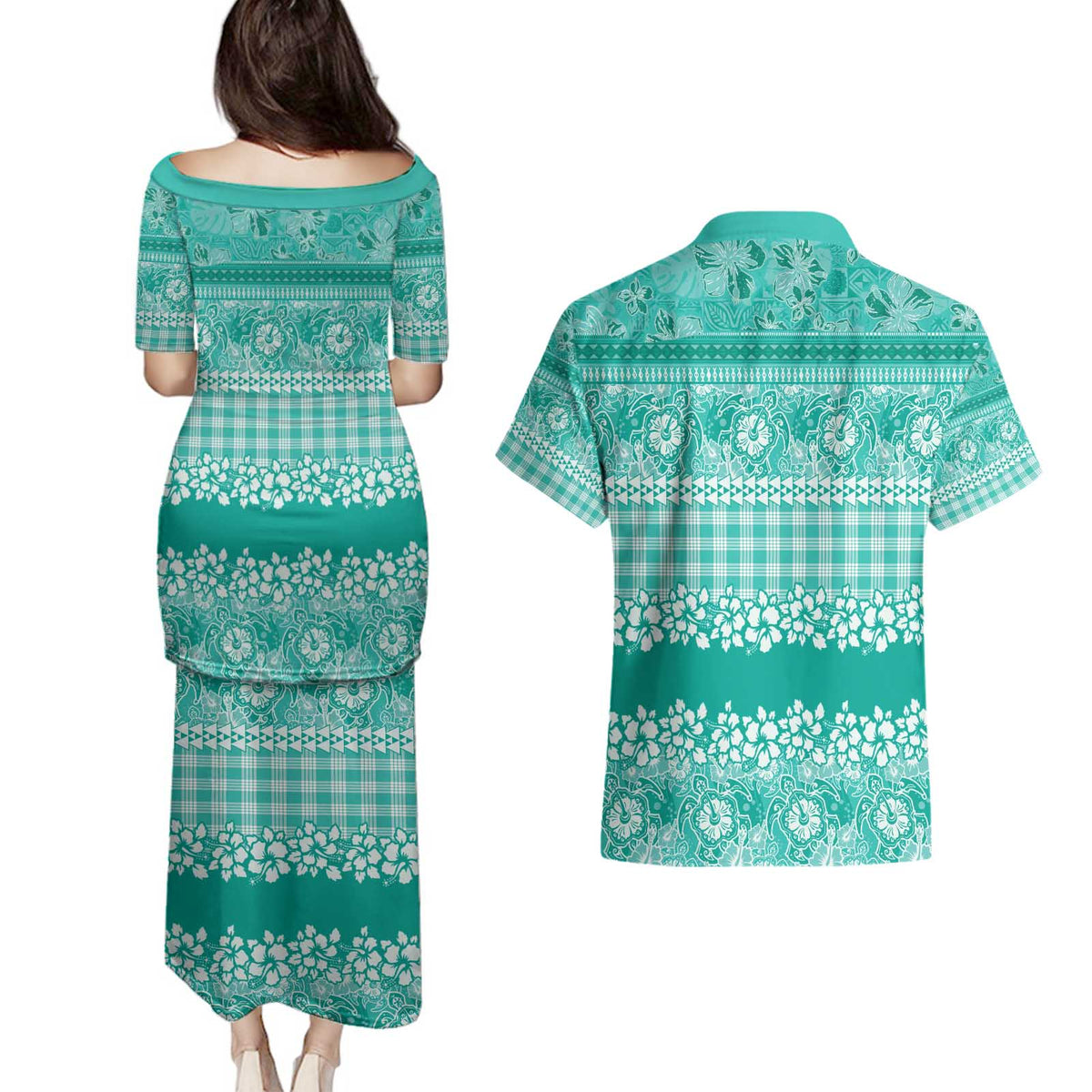 Hawaiian Hibiscus Honu Couples Matching Puletasi and Hawaiian Shirt Turquoise Mele Kalikimaka Palaka Spirit - Polynesian Pride
