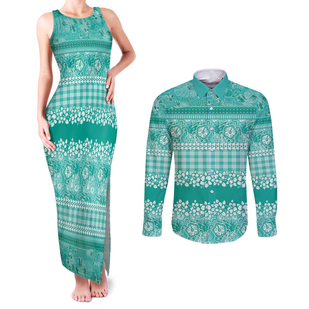 Hawaiian Hibiscus Honu Couples Matching Tank Maxi Dress and Long Sleeve Button Shirt Turquoise Mele Kalikimaka Palaka Spirit - Polynesian Pride