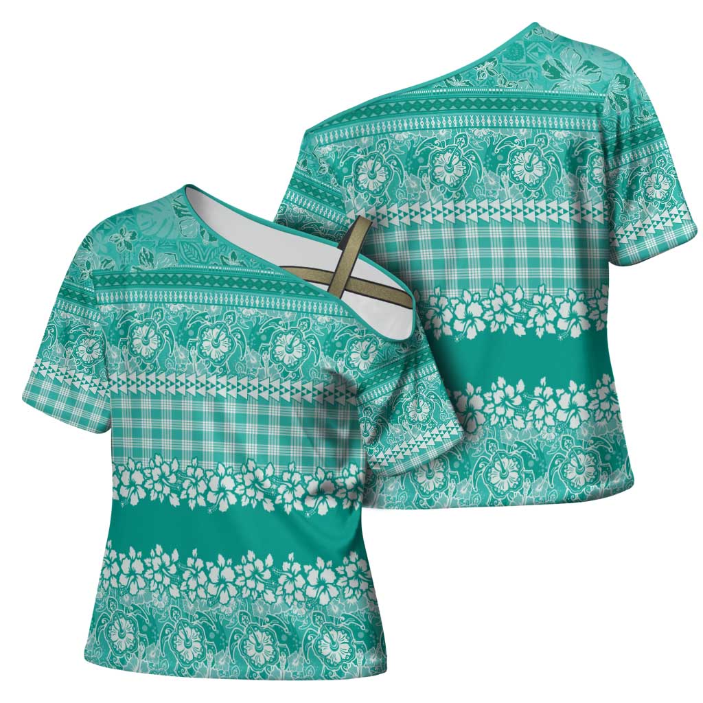 Hawaiian Hibiscus Honu Cross Shoulder Shirt Turquoise Mele Kalikimaka Palaka Spirit - Polynesian Pride