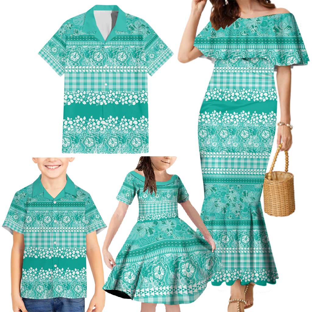 Hawaiian Hibiscus Honu Family Matching Mermaid Dress and Hawaiian Shirt Turquoise Mele Kalikimaka Palaka Spirit - Polynesian Pride