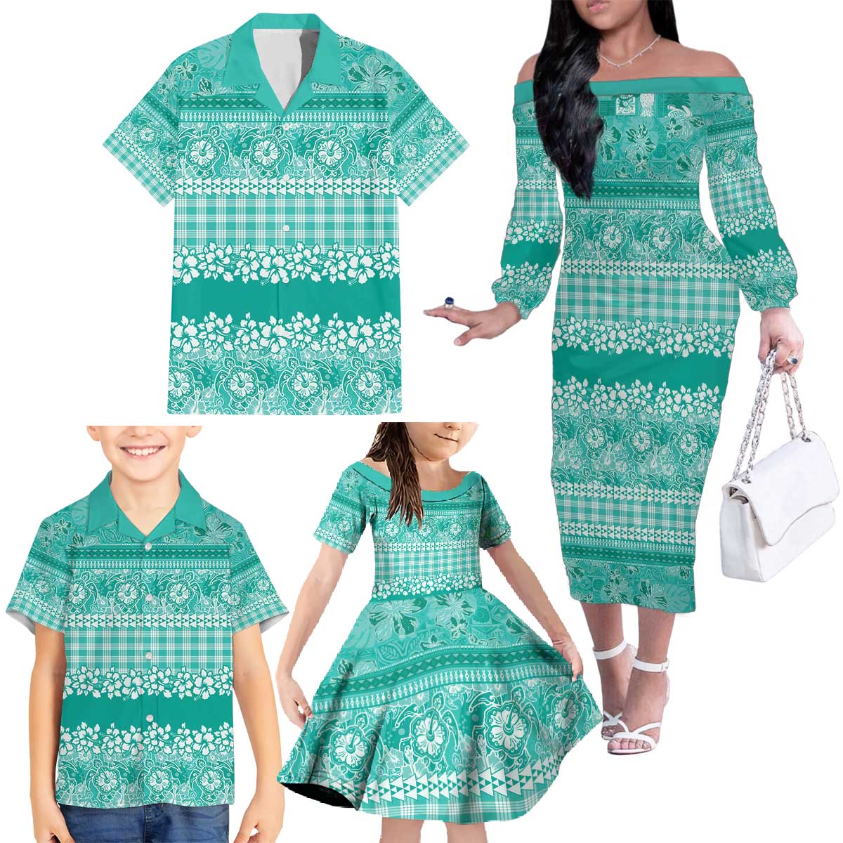 Hawaiian Hibiscus Honu Family Matching Off The Shoulder Long Sleeve Dress and Hawaiian Shirt Turquoise Mele Kalikimaka Palaka Spirit - Polynesian Pride
