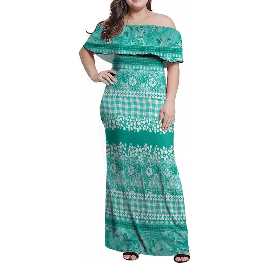 Hawaiian Hibiscus Honu Family Matching Off Shoulder Maxi Dress and Hawaiian Shirt Turquoise Mele Kalikimaka Palaka Spirit - Polynesian Pride
