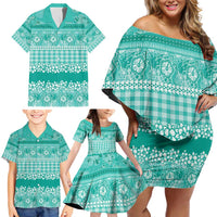 Hawaiian Hibiscus Honu Family Matching Off Shoulder Short Dress and Hawaiian Shirt Turquoise Mele Kalikimaka Palaka Spirit - Polynesian Pride