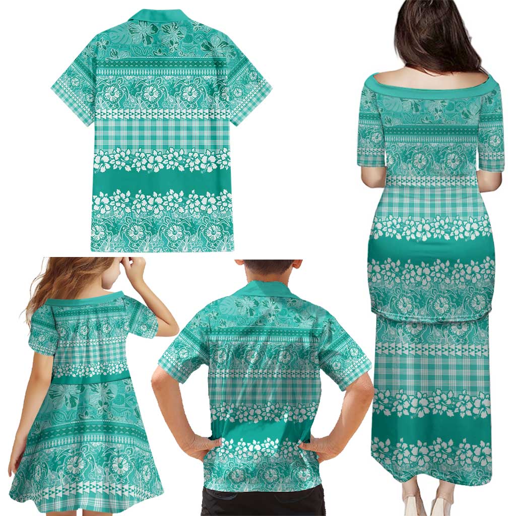 Hawaiian Hibiscus Honu Family Matching Puletasi and Hawaiian Shirt Turquoise Mele Kalikimaka Palaka Spirit - Polynesian Pride