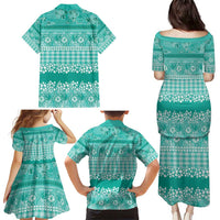 Hawaiian Hibiscus Honu Family Matching Puletasi and Hawaiian Shirt Turquoise Mele Kalikimaka Palaka Spirit - Polynesian Pride
