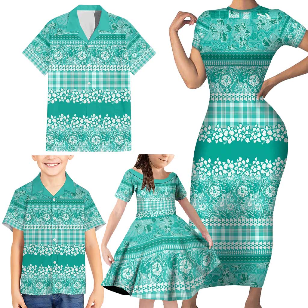 Hawaiian Hibiscus Honu Family Matching Short Sleeve Bodycon Dress and Hawaiian Shirt Turquoise Mele Kalikimaka Palaka Spirit - Polynesian Pride