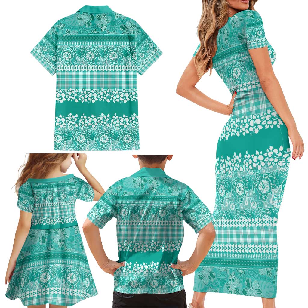 Hawaiian Hibiscus Honu Family Matching Short Sleeve Bodycon Dress and Hawaiian Shirt Turquoise Mele Kalikimaka Palaka Spirit - Polynesian Pride