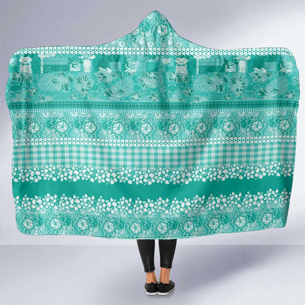 Hawaiian Hibiscus Honu Hooded Blanket Turquoise Mele Kalikimaka Palaka Spirit - Polynesian Pride