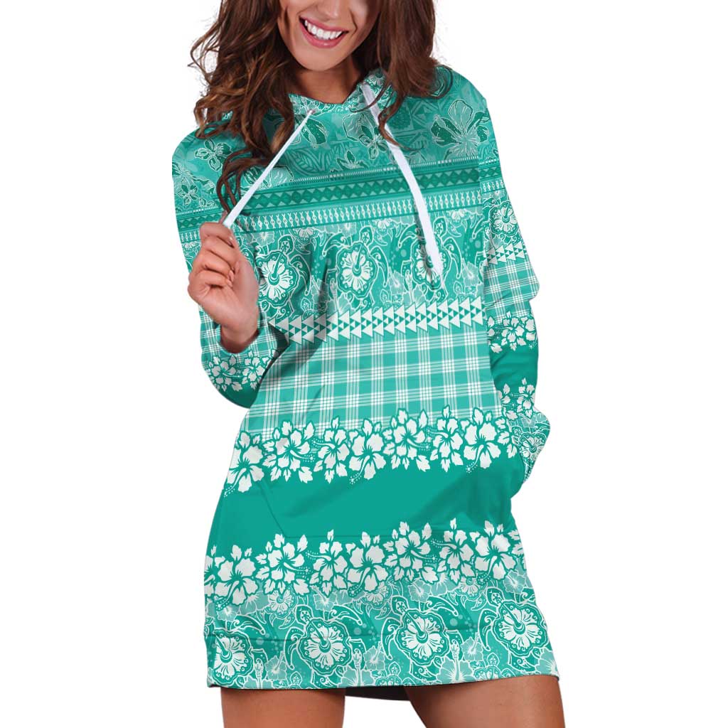 Hawaiian Hibiscus Honu Hoodie Dress Turquoise Mele Kalikimaka Palaka Spirit - Polynesian Pride