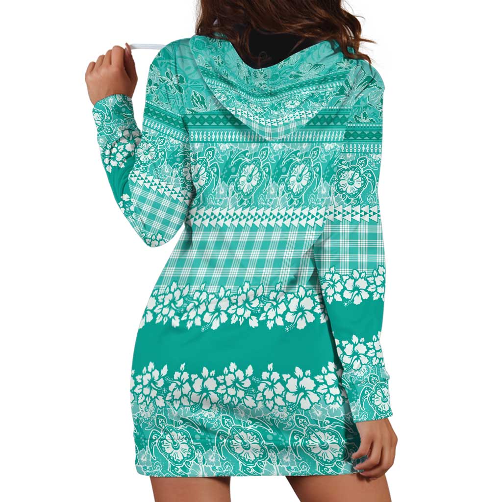 Hawaiian Hibiscus Honu Hoodie Dress Turquoise Mele Kalikimaka Palaka Spirit - Polynesian Pride