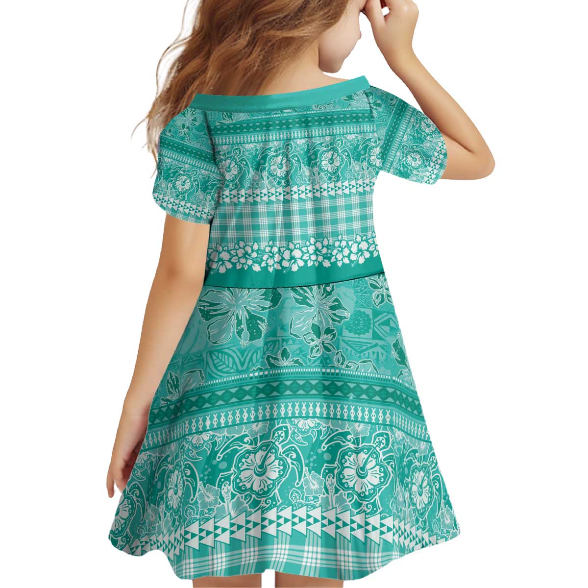 Hawaiian Hibiscus Honu Kid Short Sleeve Dress Turquoise Mele Kalikimaka Palaka Spirit - Polynesian Pride