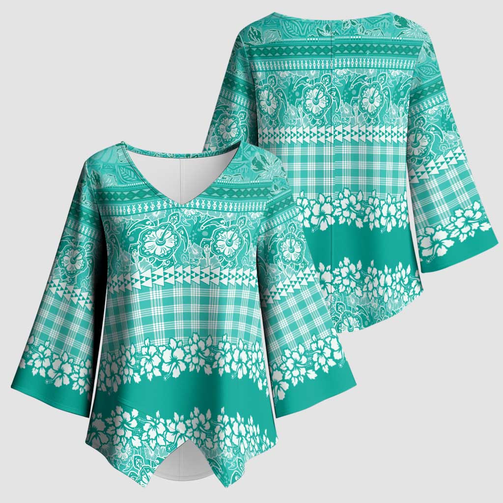 Hawaiian Hibiscus Honu Kimono Sleeve Blouse Turquoise Mele Kalikimaka Palaka Spirit - Polynesian Pride