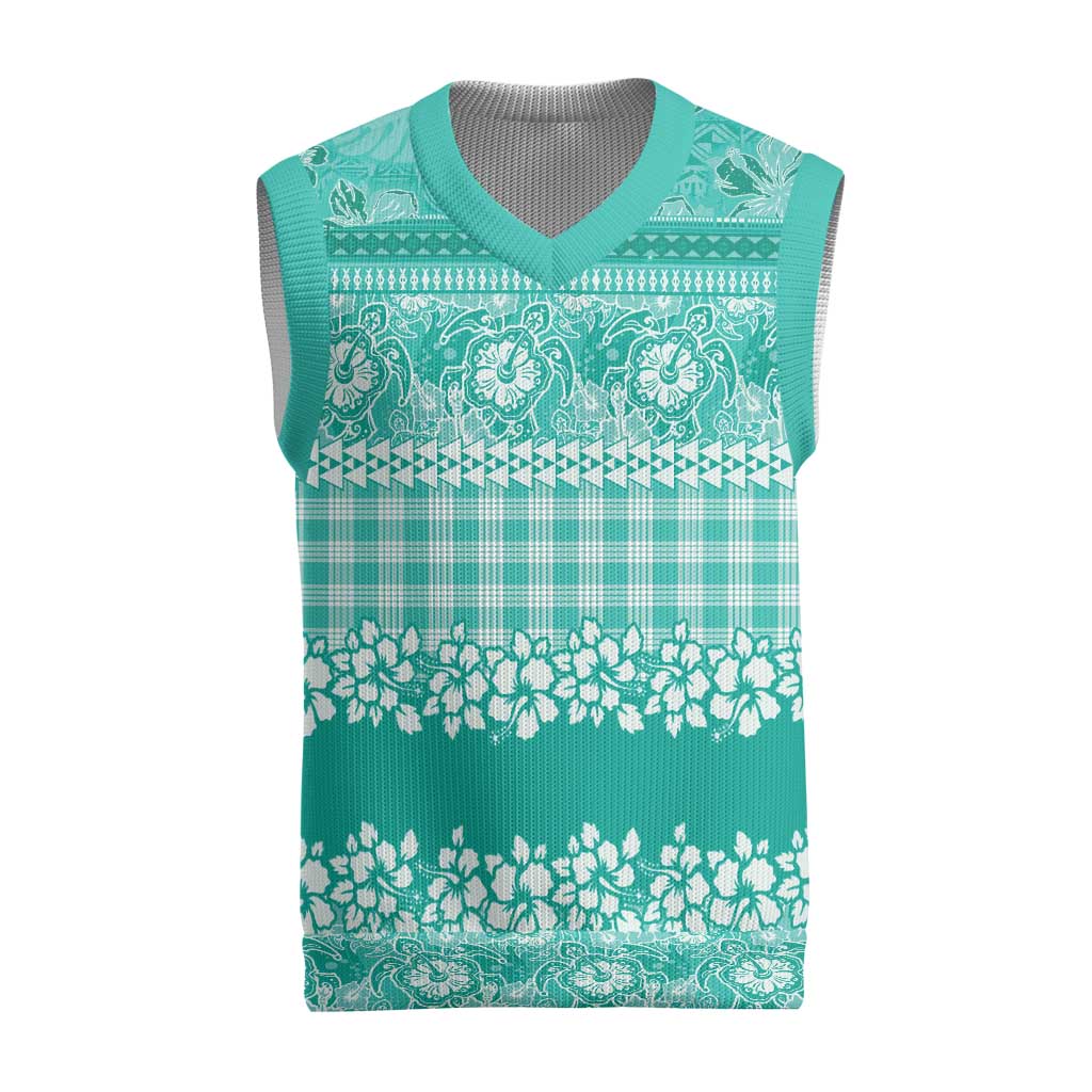Hawaiian Hibiscus Honu Christmas Knitted V-Neck Vest Turquoise Mele Kalikimaka Palaka Spirit - Polynesian Pride