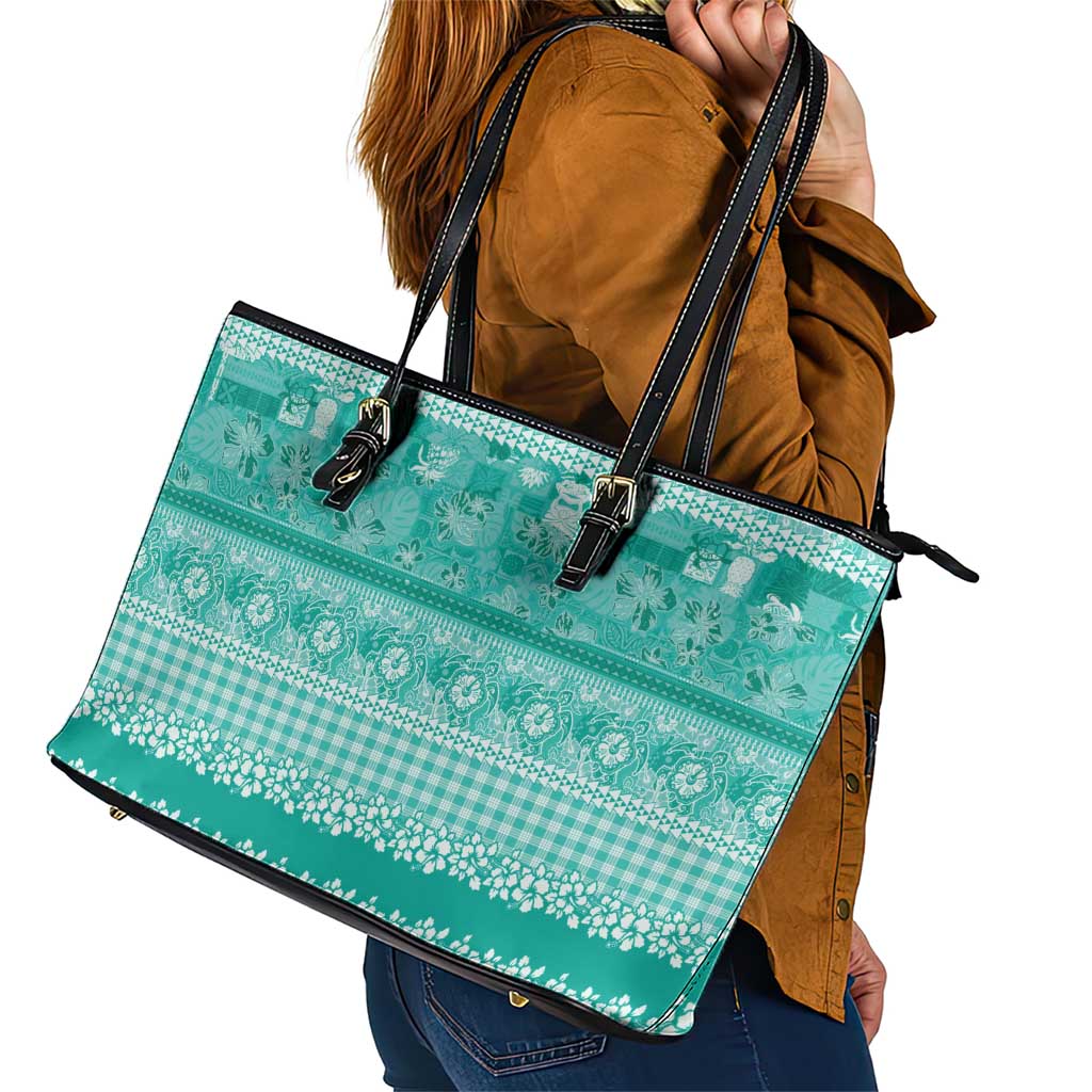 Hawaiian Hibiscus Honu Leather Tote Bag Turquoise Mele Kalikimaka Palaka Spirit - Polynesian Pride