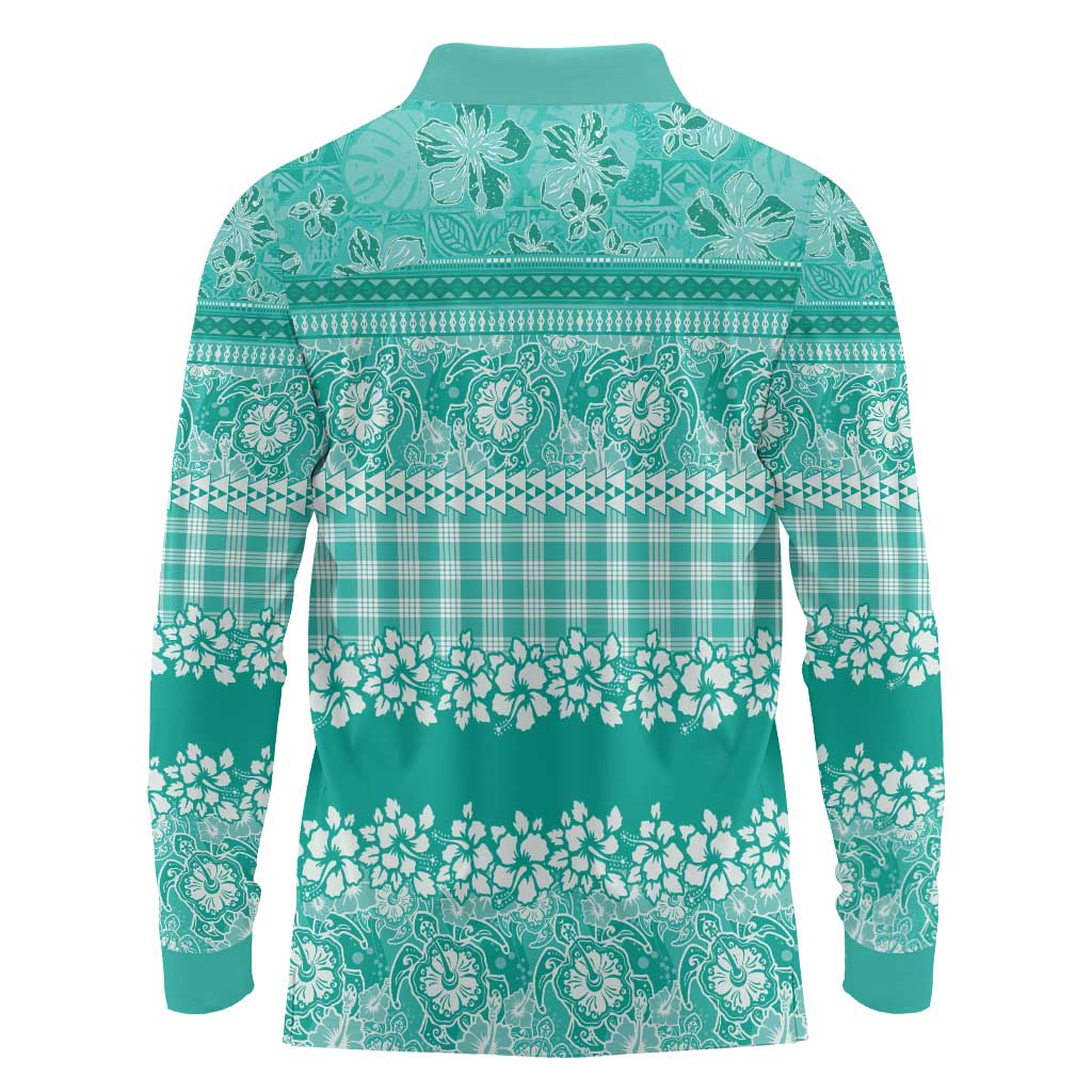Hawaiian Hibiscus Honu Long Sleeve Polo Shirt Turquoise Mele Kalikimaka Palaka Spirit - Polynesian Pride