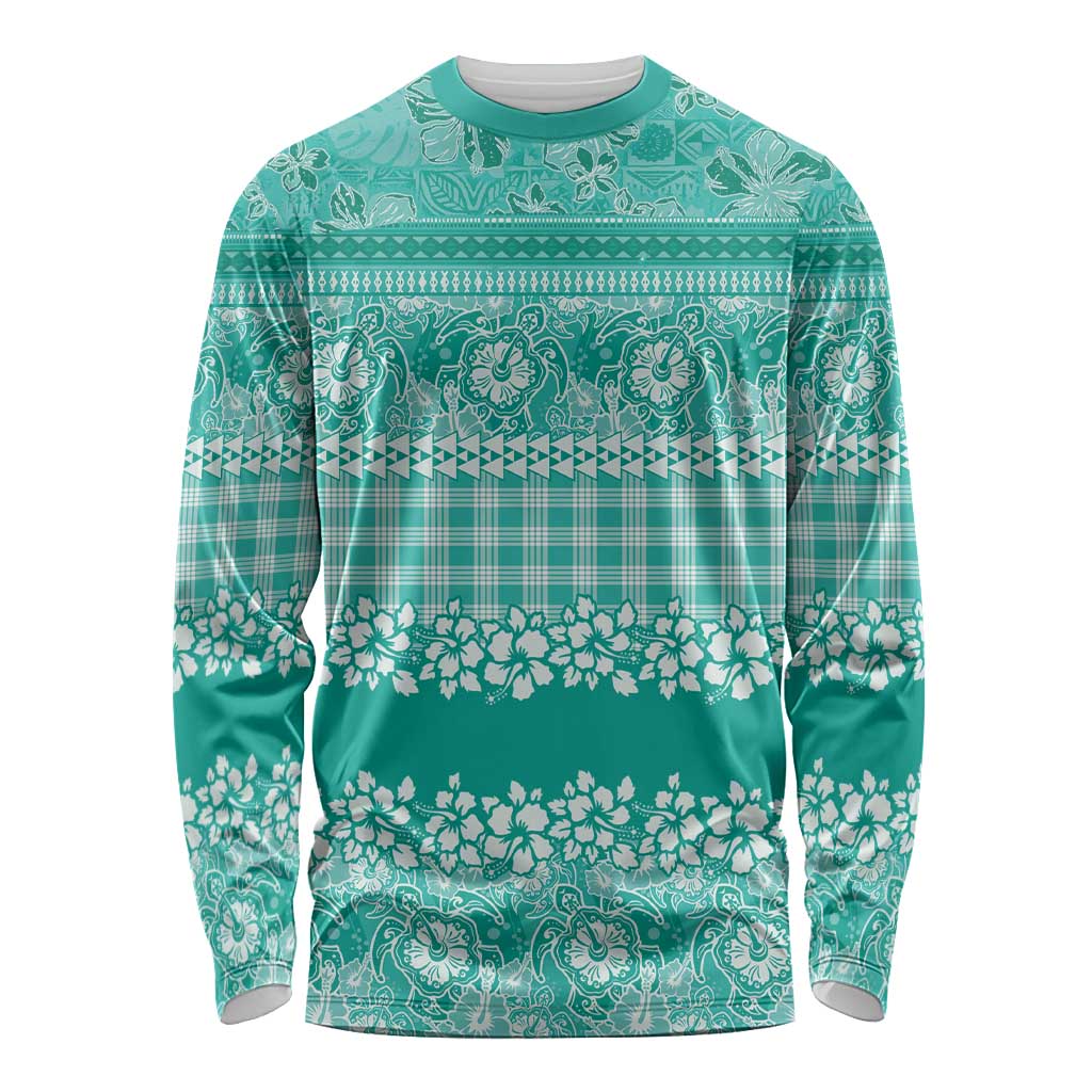Hawaiian Hibiscus Honu Long Sleeve Shirt Turquoise Mele Kalikimaka Palaka Spirit - Polynesian Pride