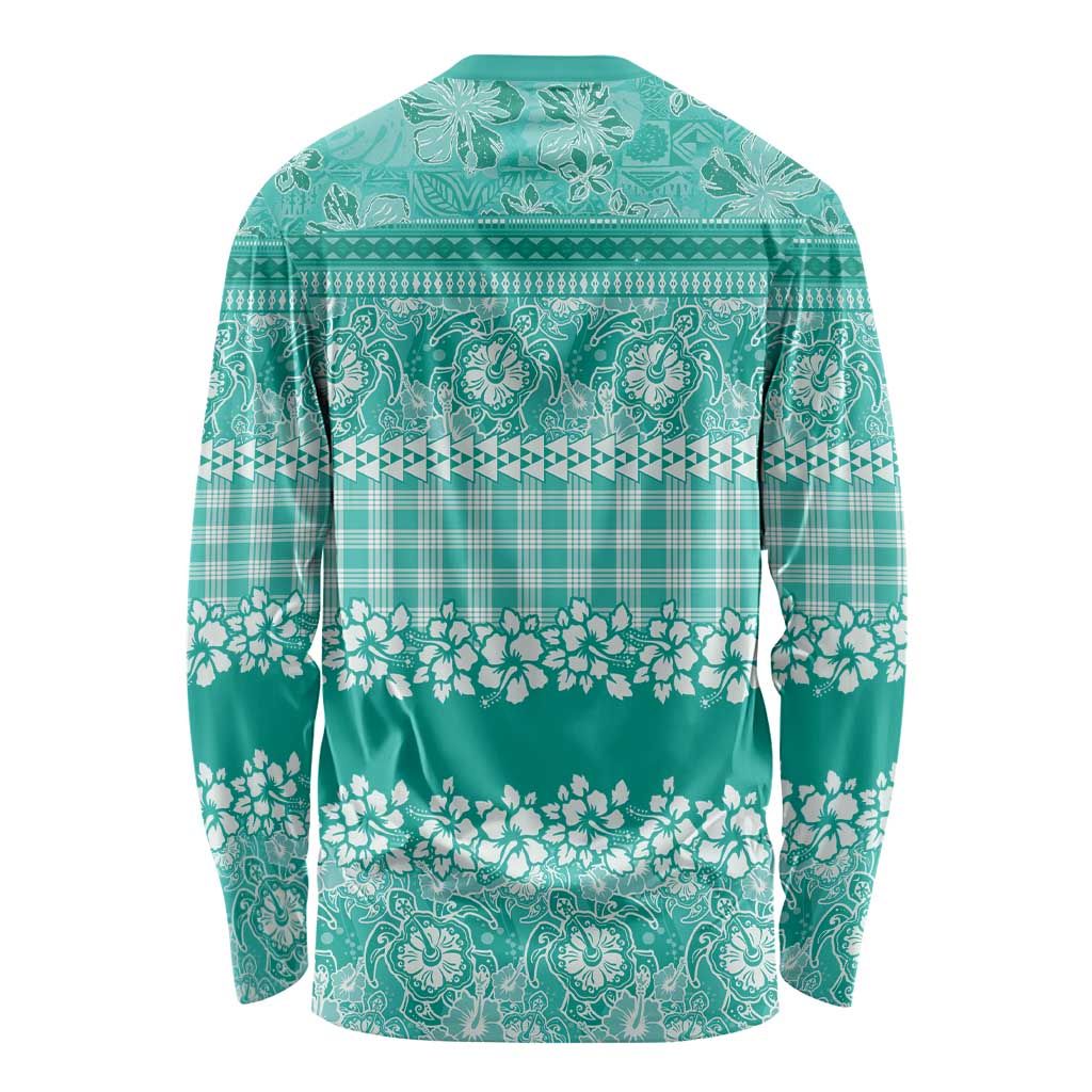 Hawaiian Hibiscus Honu Long Sleeve Shirt Turquoise Mele Kalikimaka Palaka Spirit - Polynesian Pride