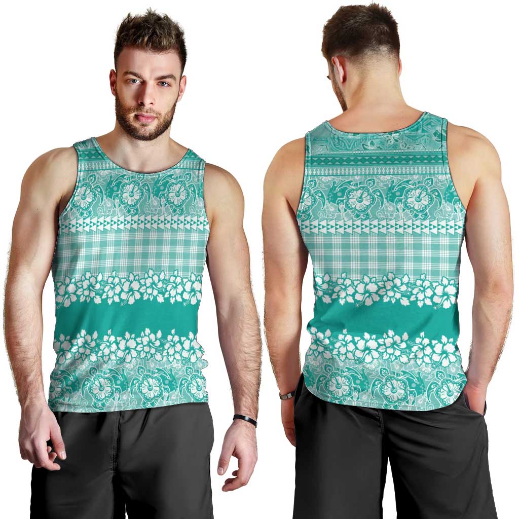 Hawaiian Hibiscus Honu Men Tank Top Turquoise Mele Kalikimaka Palaka Spirit - Polynesian Pride