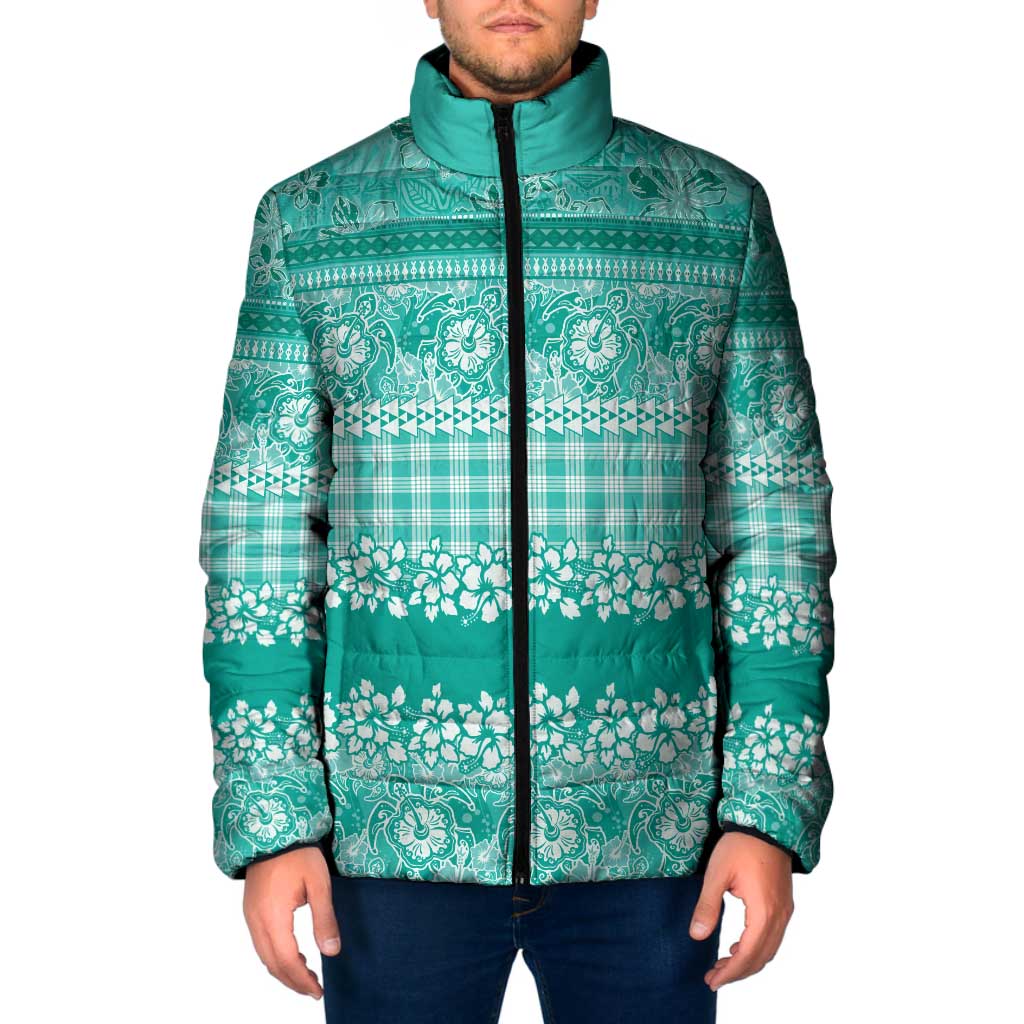 Hawaiian Hibiscus Honu Padded Jacket Turquoise Mele Kalikimaka Palaka Spirit - Polynesian Pride