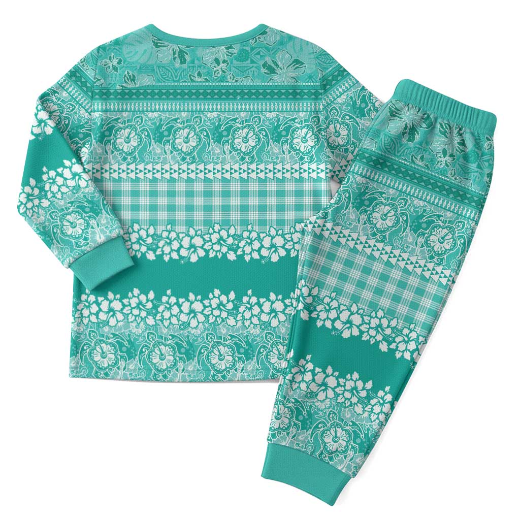 Hawaiian Hibiscus Honu Christmas Pajama Set Turquoise Mele Kalikimaka Palaka Spirit - Polynesian Pride
