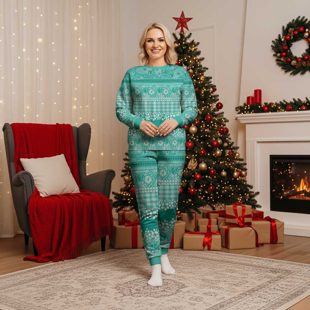 Hawaiian Hibiscus Honu Christmas Pajama Set Turquoise Mele Kalikimaka Palaka Spirit - Polynesian Pride