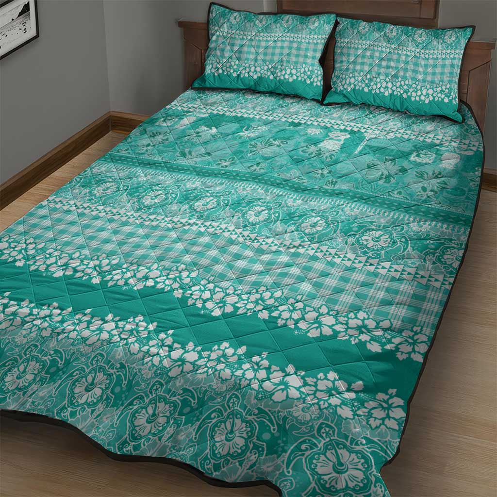 Hawaiian Hibiscus Honu Quilt Bed Set Turquoise Mele Kalikimaka Palaka Spirit - Polynesian Pride