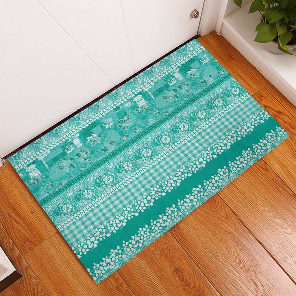 Hawaiian Hibiscus Honu Rubber Doormat Turquoise Mele Kalikimaka Palaka Spirit - Polynesian Pride
