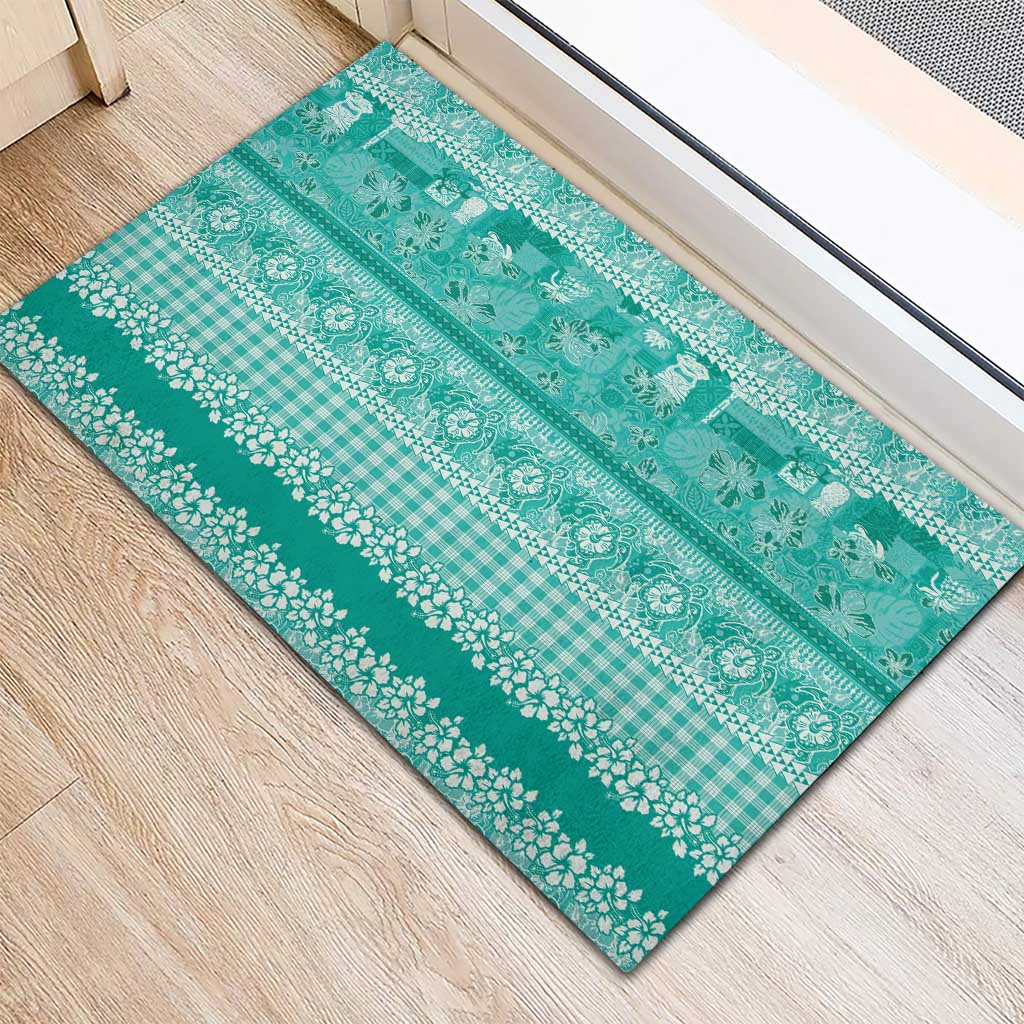 Hawaiian Hibiscus Honu Rubber Doormat Turquoise Mele Kalikimaka Palaka Spirit - Polynesian Pride