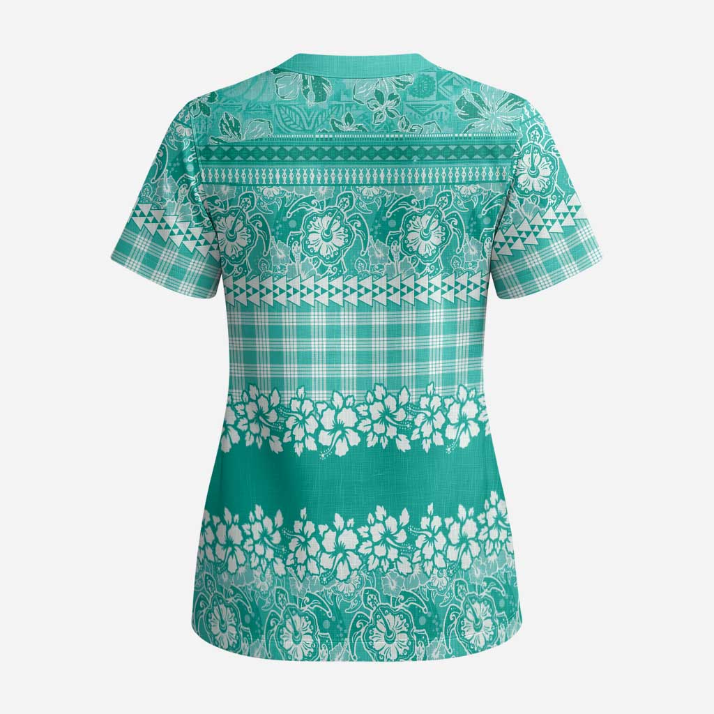 Hawaiian Hibiscus Honu Scrub Top Turquoise Mele Kalikimaka Palaka Spirit - Polynesian Pride