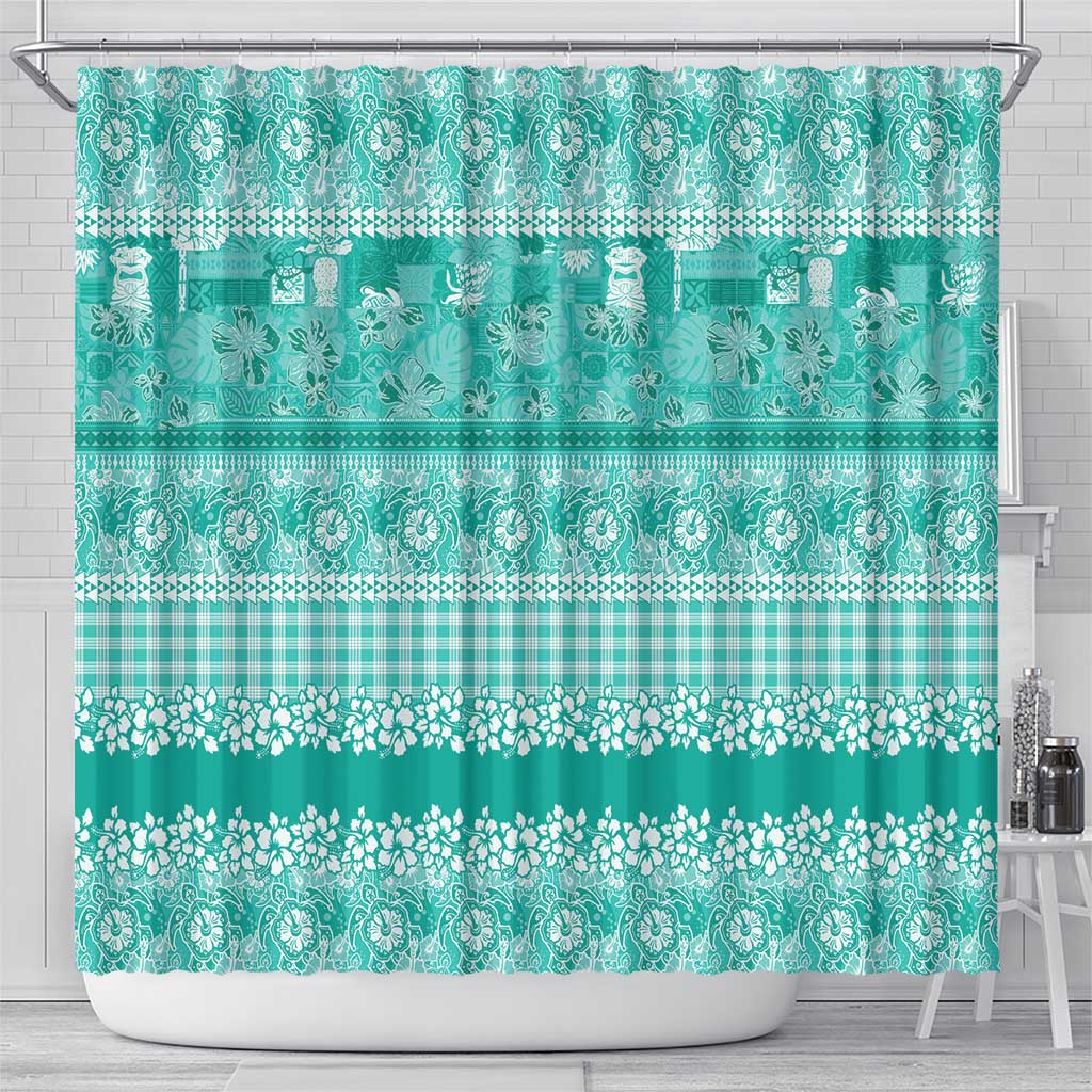 Hawaiian Hibiscus Honu Shower Curtain Turquoise Mele Kalikimaka Palaka Spirit - Polynesian Pride