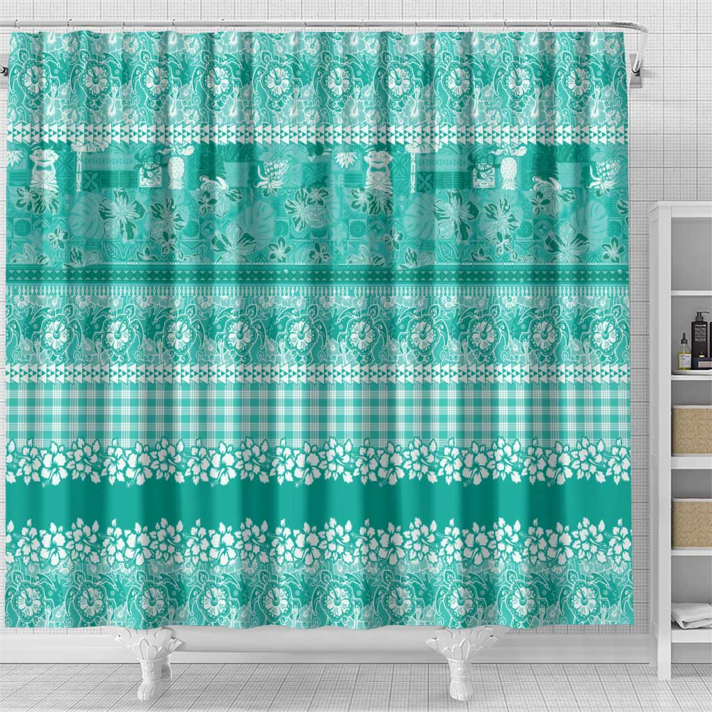 Hawaiian Hibiscus Honu Shower Curtain Turquoise Mele Kalikimaka Palaka Spirit - Polynesian Pride