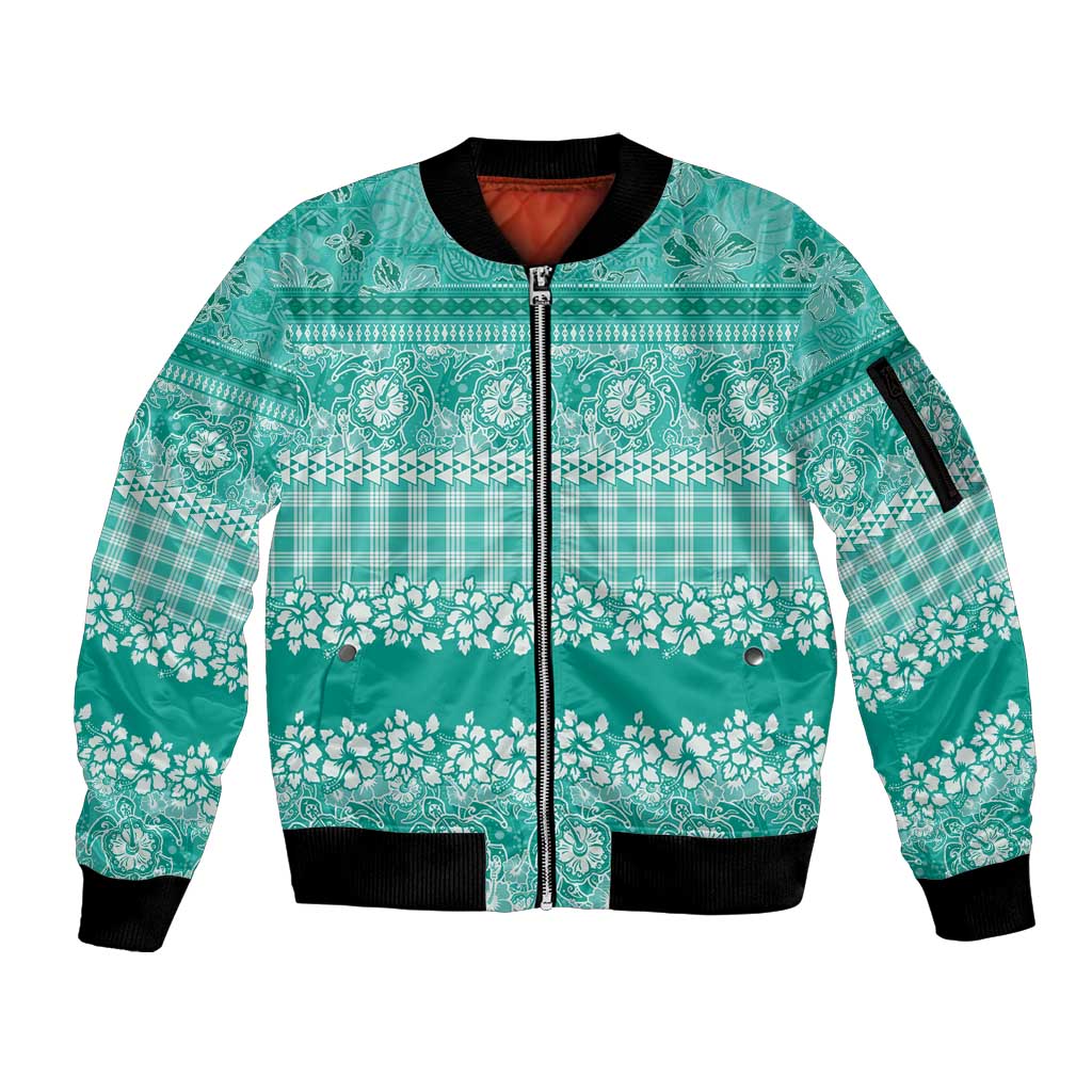 Hawaiian Hibiscus Honu Sleeve Zip Bomber Jacket Turquoise Mele Kalikimaka Palaka Spirit - Polynesian Pride