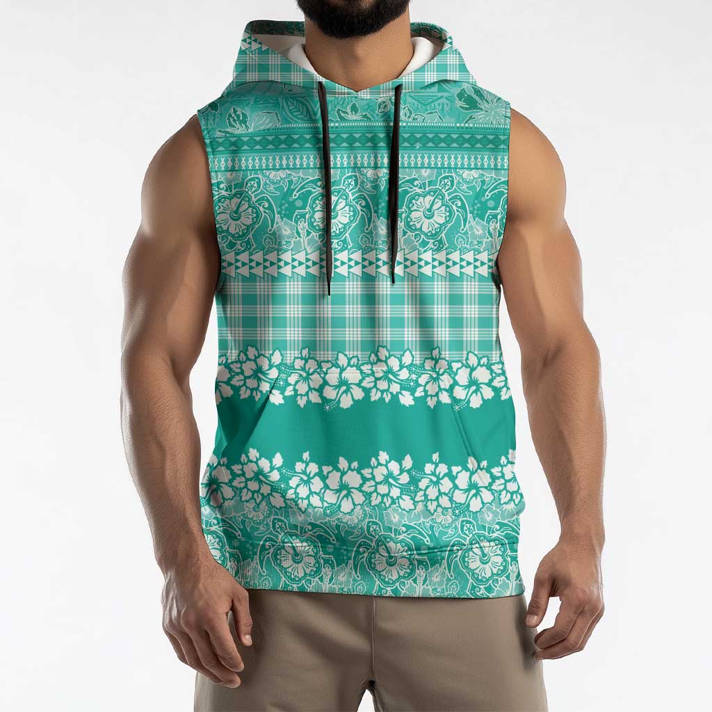 Hawaiian Hibiscus Honu Sleeveless Hoodie Turquoise Mele Kalikimaka Palaka Spirit - Polynesian Pride