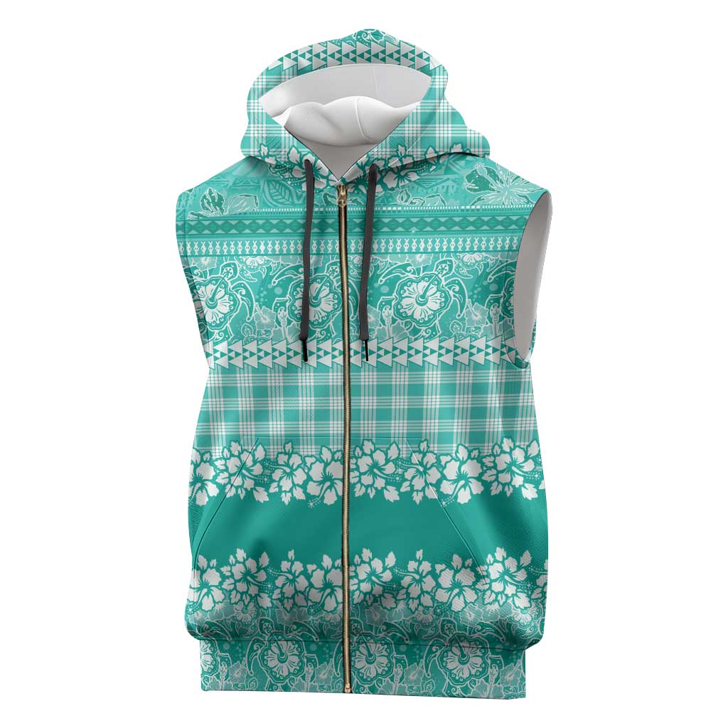 Hawaiian Hibiscus Honu Sleeveless Zip Hoodie Turquoise Mele Kalikimaka Palaka Spirit - Polynesian Pride