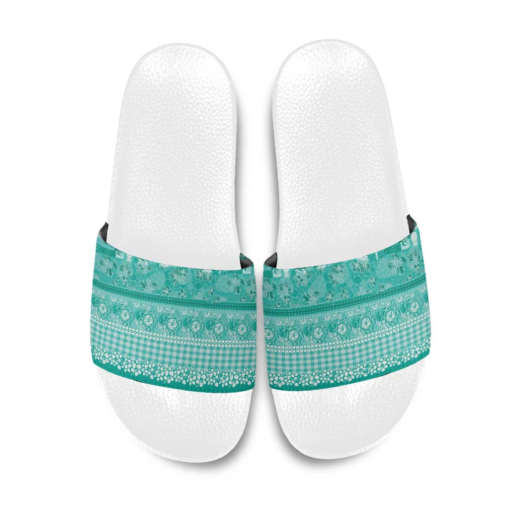 Hawaiian Hibiscus Honu Slide Sandals Turquoise Mele Kalikimaka Palaka Spirit - Polynesian Pride