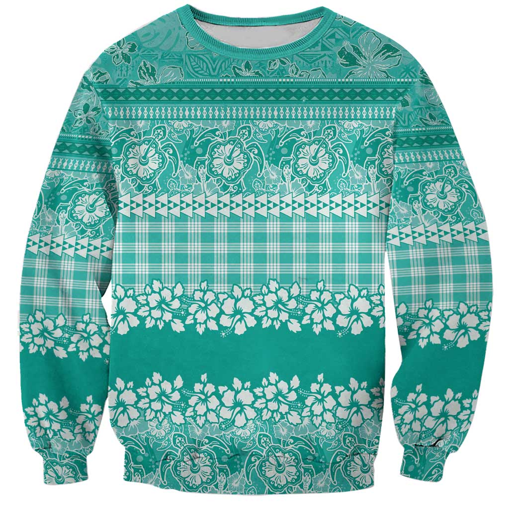 Hawaiian Hibiscus Honu Sweatshirt Turquoise Mele Kalikimaka Palaka Spirit - Polynesian Pride